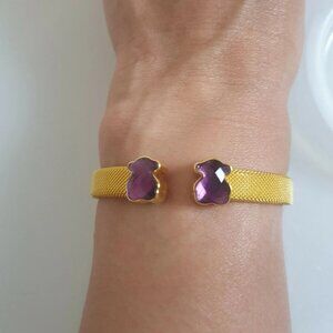 Tous Gold-Colored IP Steel Mesh Cuff Bracelet With Amethyst